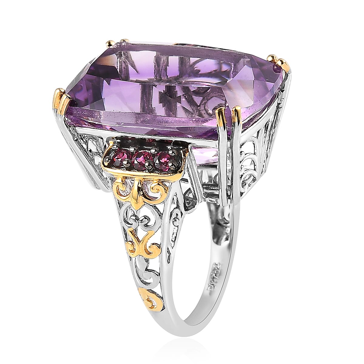 Amethyst (Cushion), Orissa Rhodolite Garnet Ring in Vermeil YG and Platinum Over Sterling Silver (Size 10.0) 26.25 ctw image number 3