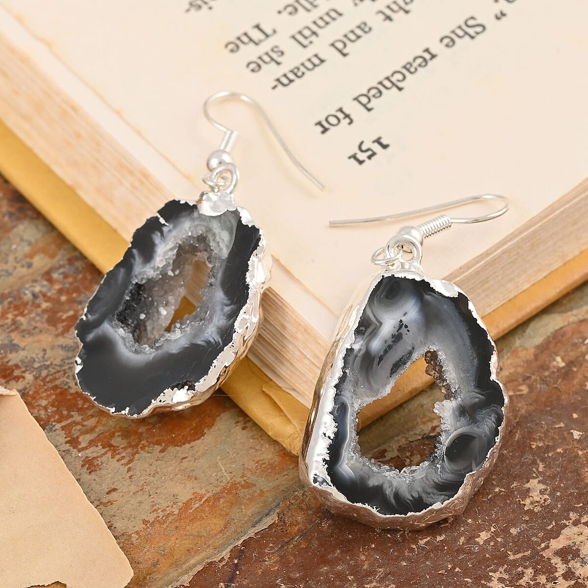Black Geode Slice Earrings in Silvertone 28.80 ctw image number 1
