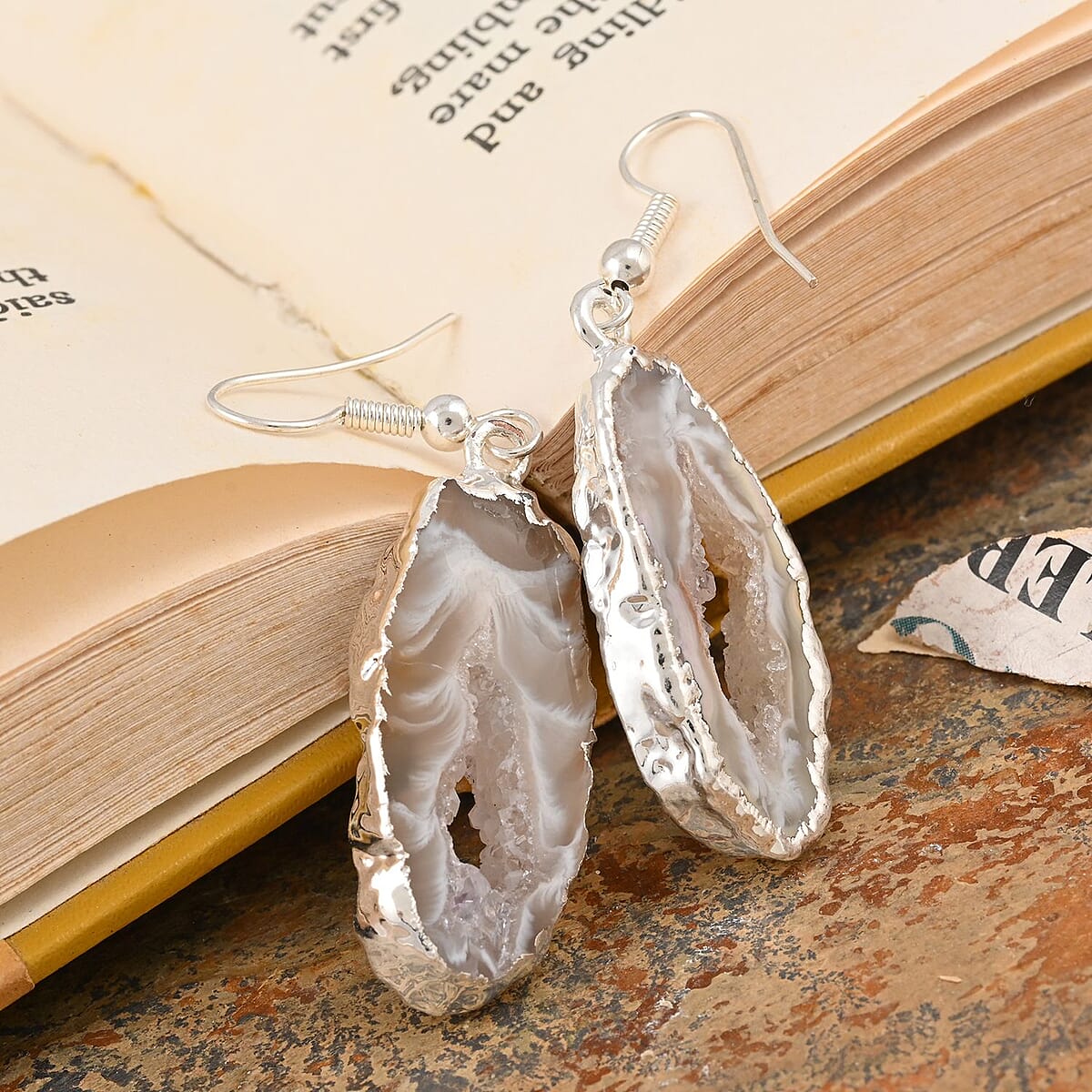 Pink Geode Slice Earrings in Silvertone 28.80 ctw image number 1