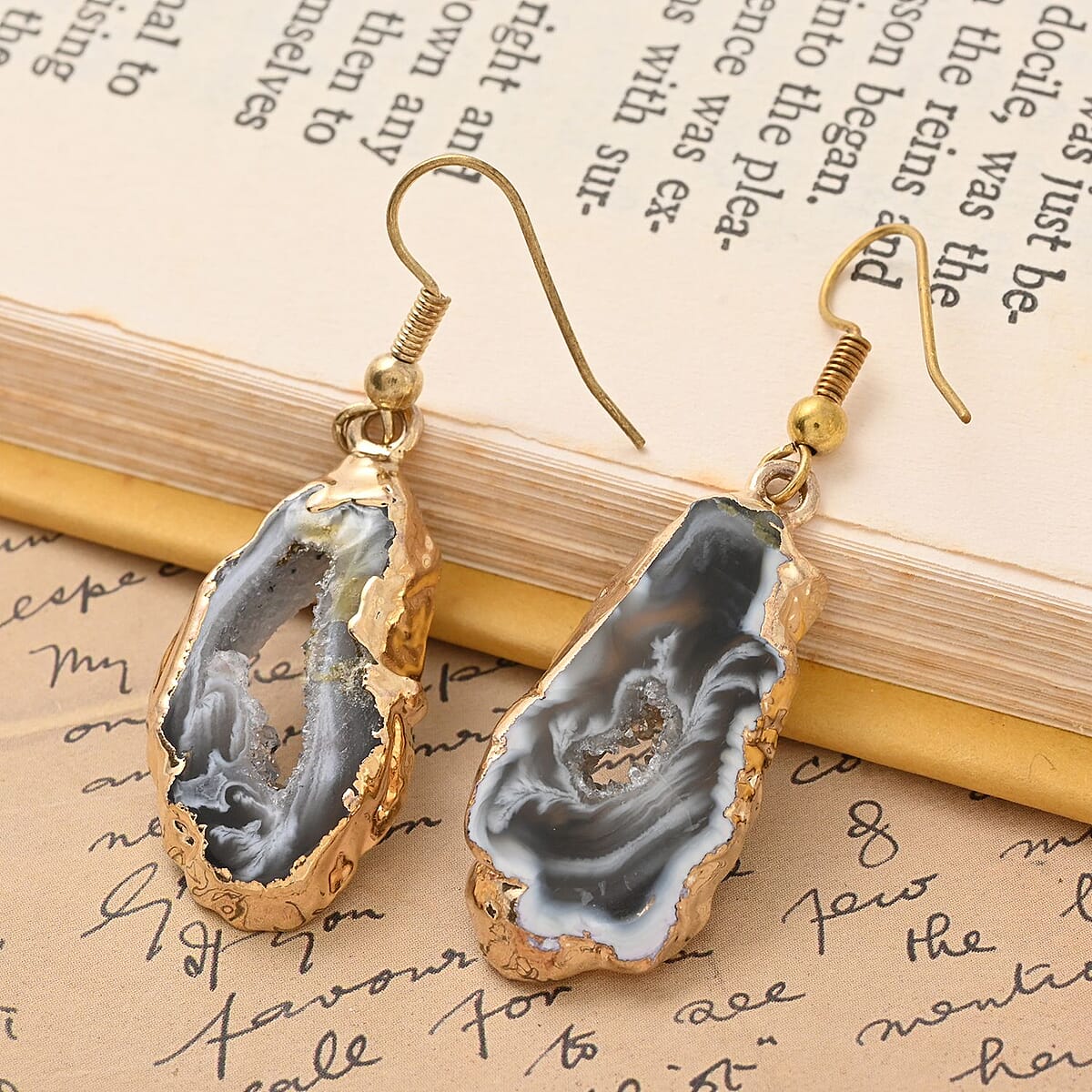 Black Geode Slice Earrings in Goldtone 28.80 ctw image number 1