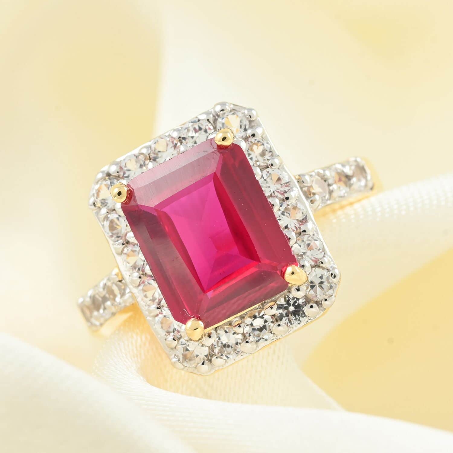 Lab Created Ruby, White Zircon Ring in 14K YG Over Sterling Silver (Size  6.5) 1.50 ctw
