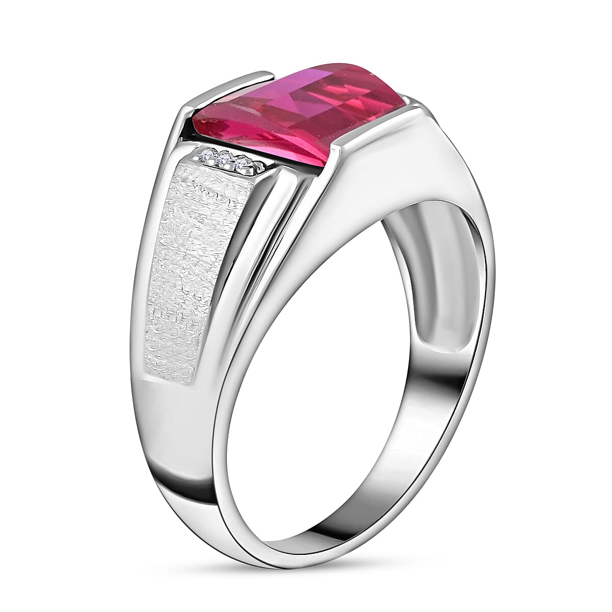 Lab Created Ruby Men's Ring, Diamond Accents Ring, Sterling Silver Men's Ring, Textured Ring 2.48 ctw image number 3