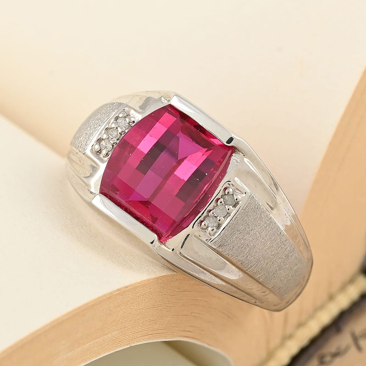 Lab Created Ruby Men's Ring, Diamond Accents Ring, Sterling Silver Men's Ring, Textured Ring 2.48 ctw image number 1