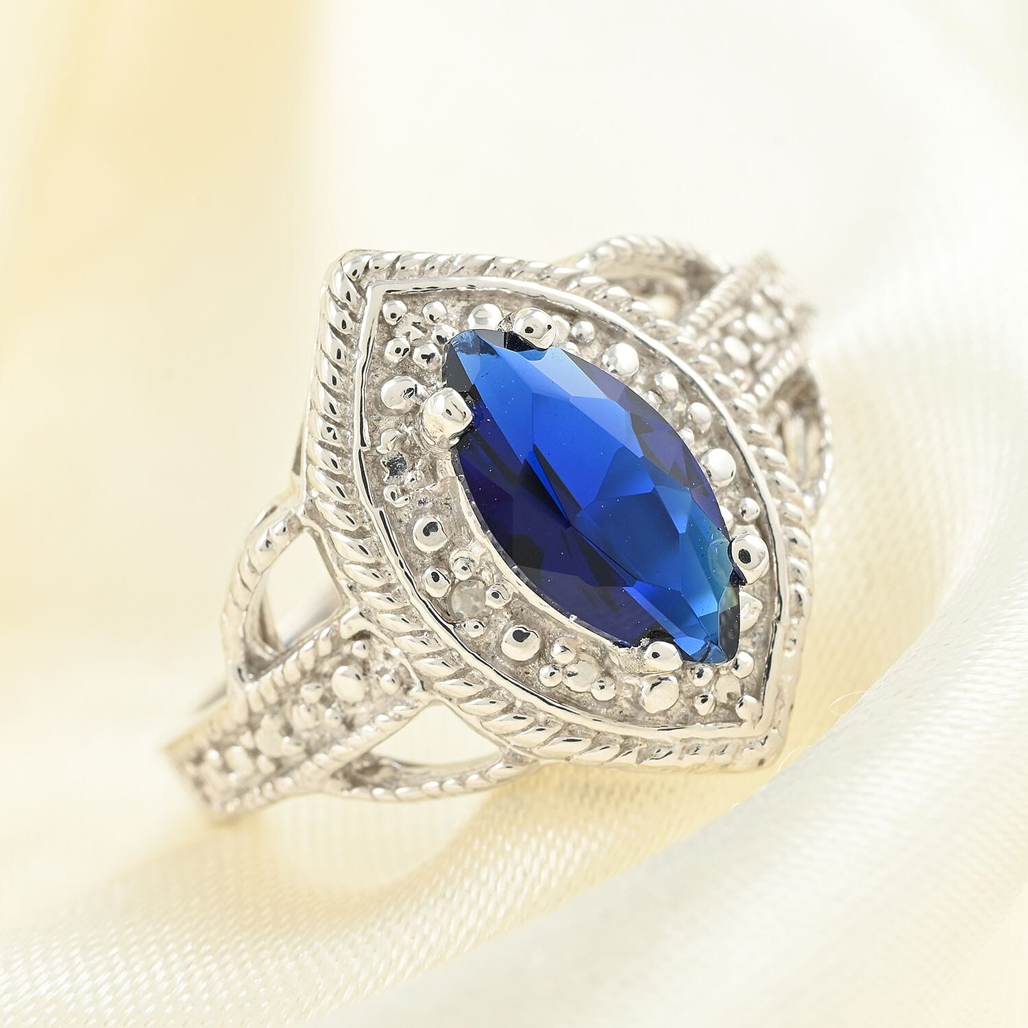 Lab Created Blue Sapphire, Diamond Accent Ring in Rhodium Over Sterling Silver (Size 10.0)
