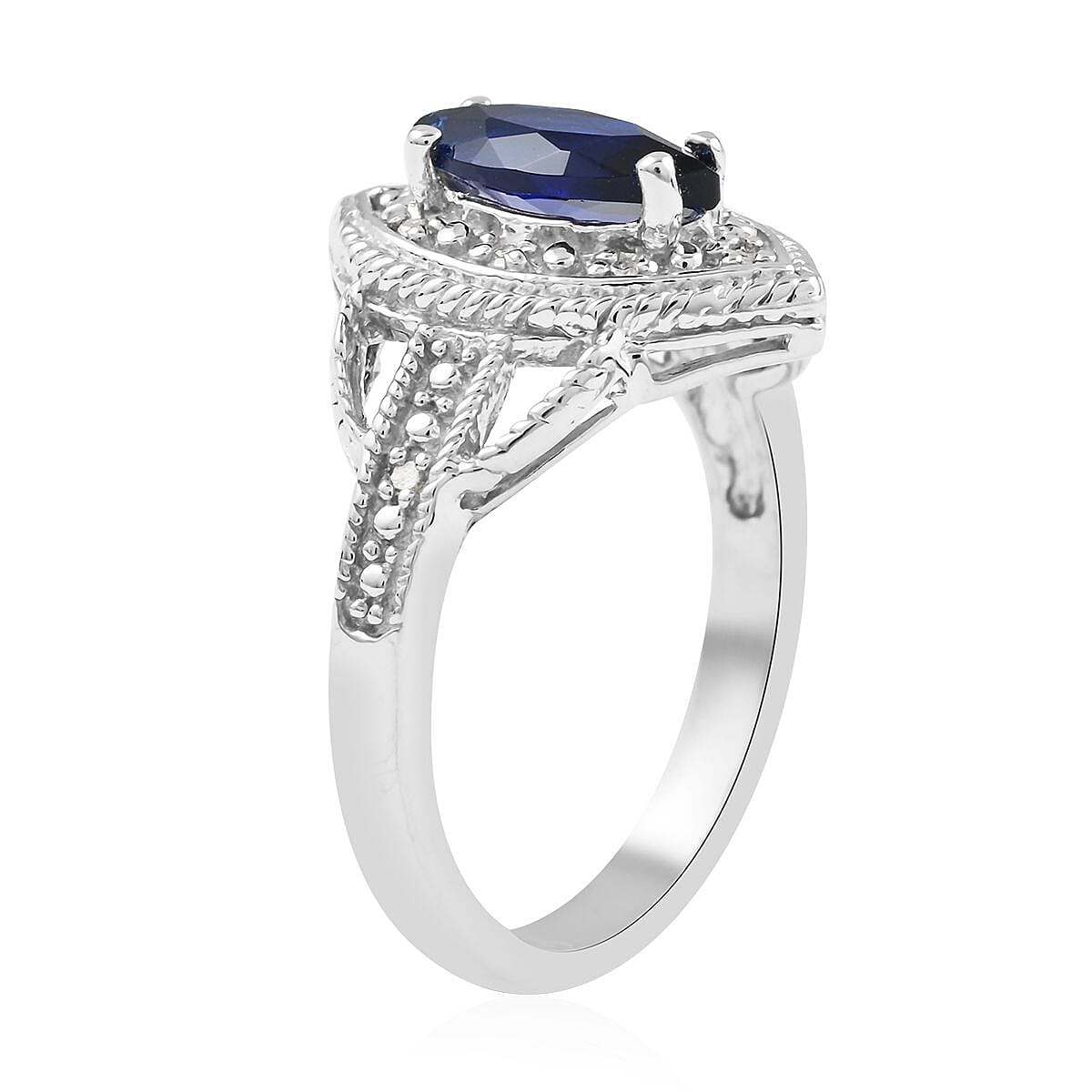 Lab Created Blue Sapphire, Diamond Accent Ring in Rhodium Over Sterling Silver (Size 10.0)