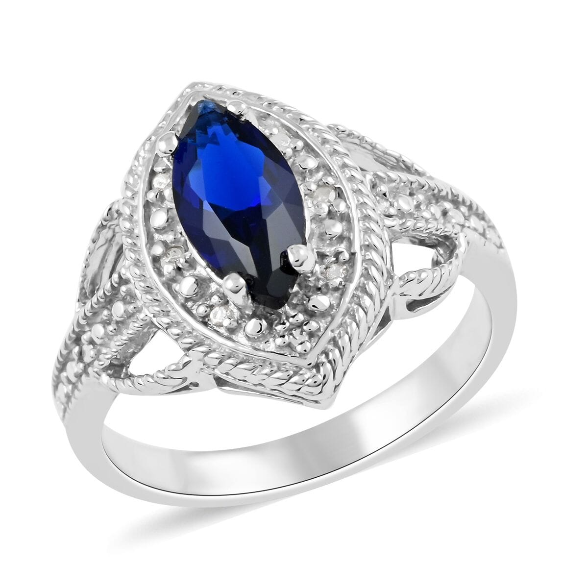 Lab Created Blue Sapphire and Diamond Accent Ring in Rhodium Over Sterling Silver (Size 7.0) image number 0