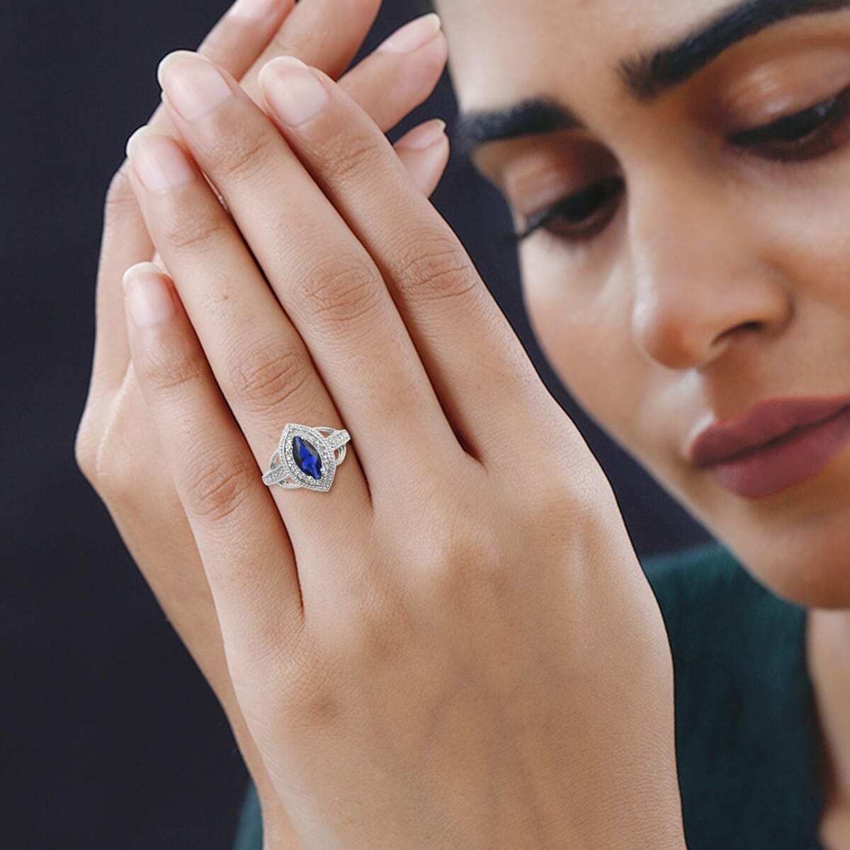 Lab Created Blue Sapphire and Diamond Accent Ring in Rhodium Over Sterling Silver (Size 7.0) image number 2