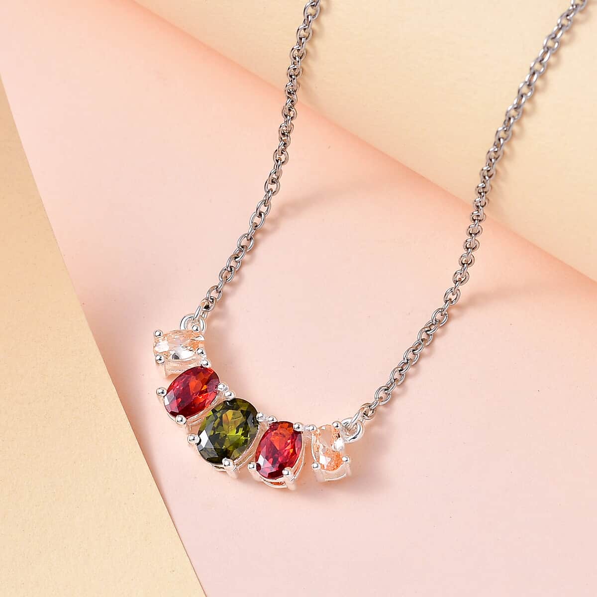 Simulated Multi Color Diamond Necklace 18 Inches in Sterling Silver and Stainless Steel 2.65 ctw image number 1