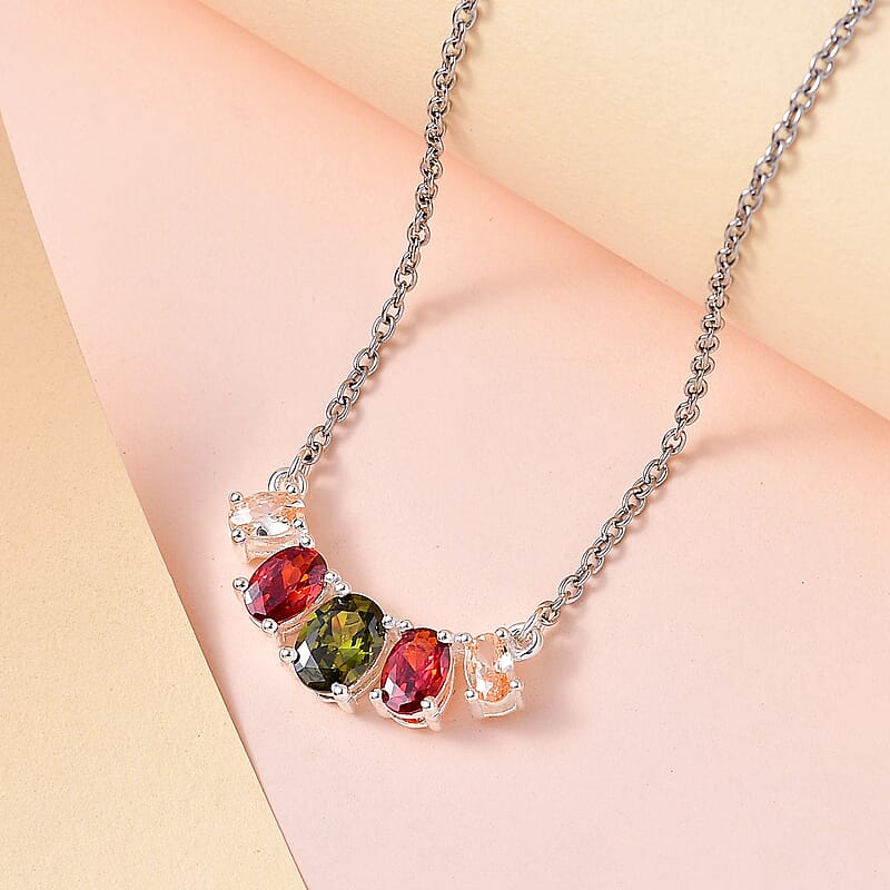 D'Joy Simulated Multi Color Diamond Necklace 18-20 Inches in Sterling Silver and Stainless Steel 3.10 ctw
