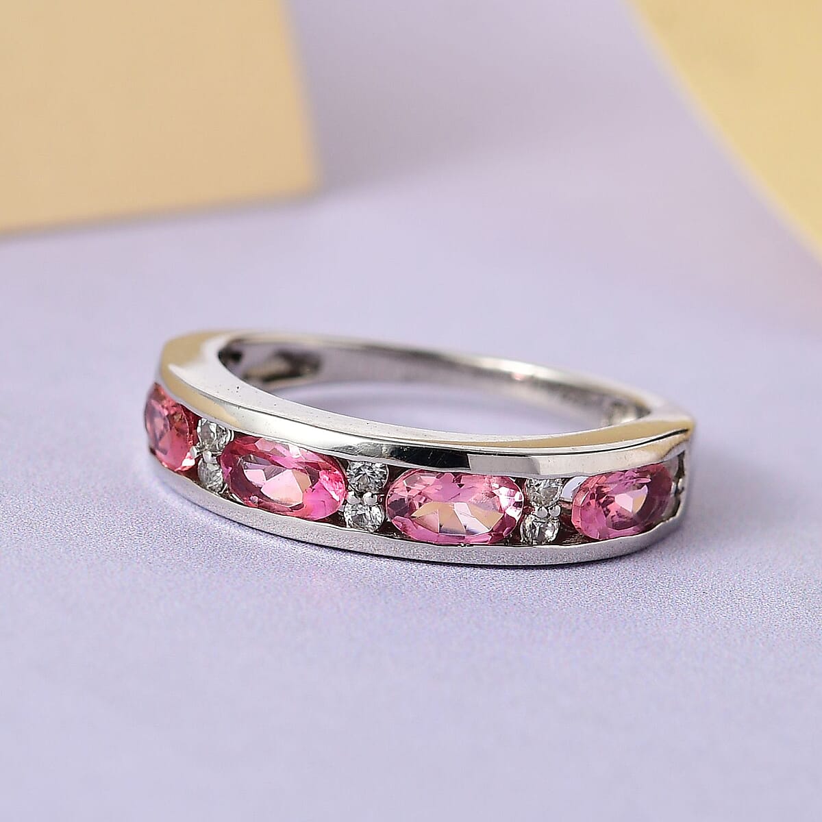 Premium Morro Redondo Pink Tourmaline and White Zircon Half Eternity Band Ring in Platinum Over Sterling Silver (Size 6.0) 1.15 ctw image number 1