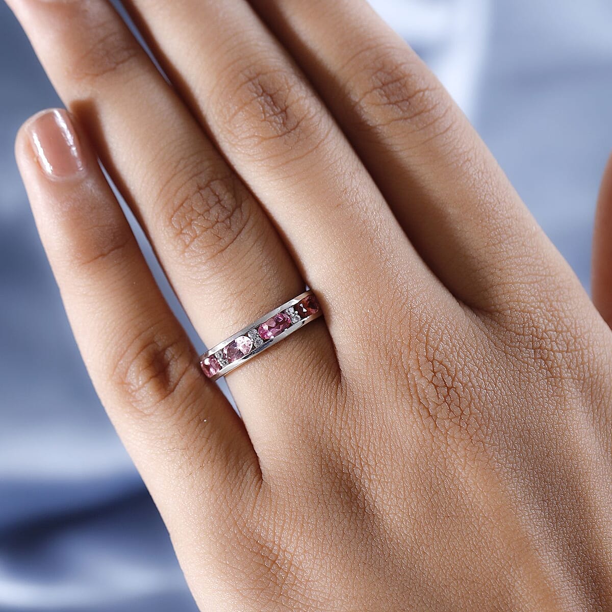 Premium Morro Redondo Pink Tourmaline and White Zircon Half Eternity Band Ring in Platinum Over Sterling Silver (Size 6.0) 1.15 ctw image number 2