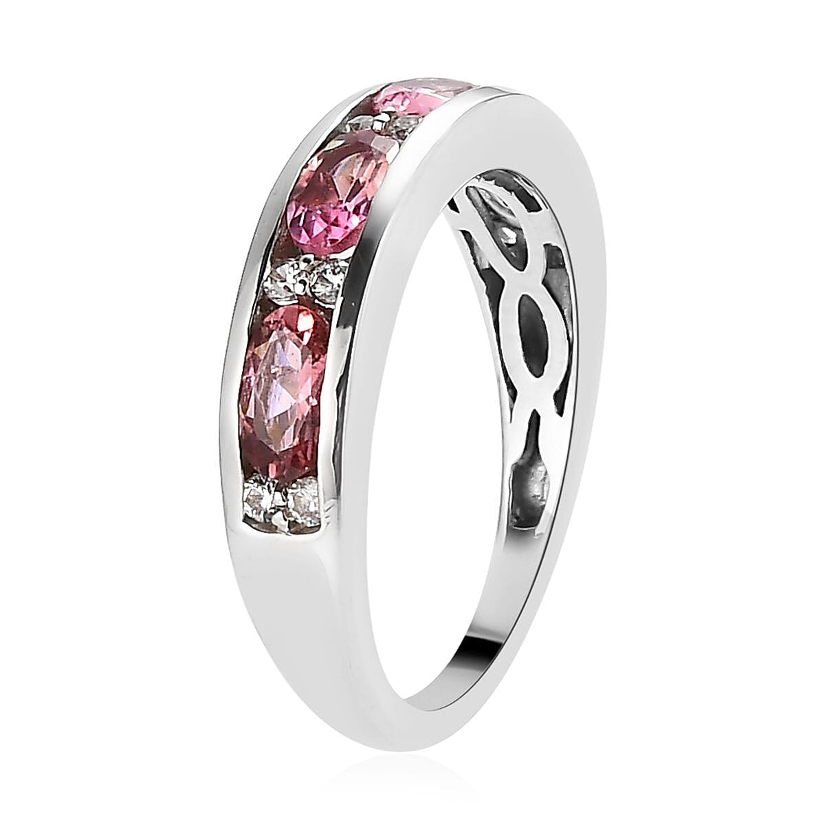 Premium Morro Redondo Pink Tourmaline and White Zircon Half Eternity Band Ring in Platinum Over Sterling Silver (Size 6.0) 1.15 ctw image number 3