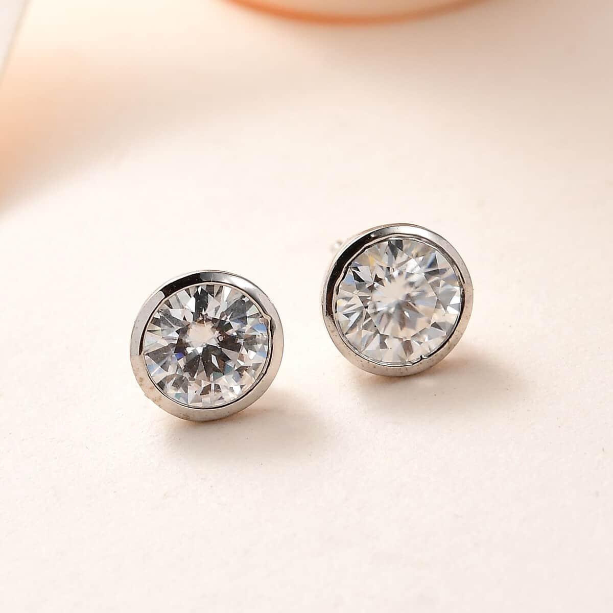 Moissanite Solitaire Stud Earrings, Moissanite Studs, Platinum Over Sterling Silver Earrings, Silver Studs 1.85 ctw image number 1