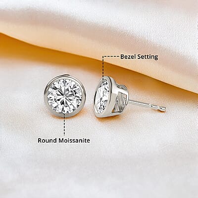 D'Joy Moissanite 1.85 ctw Solitaire Stud Earrings, Moissanite Studs, Platinum Over Sterling Silver Earrings, Silver Studs