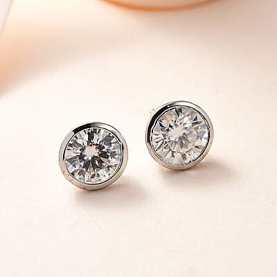 D'Joy Moissanite 1.85 ctw Solitaire Stud Earrings, Moissanite Studs, Platinum Over Sterling Silver Earrings, Silver Studs