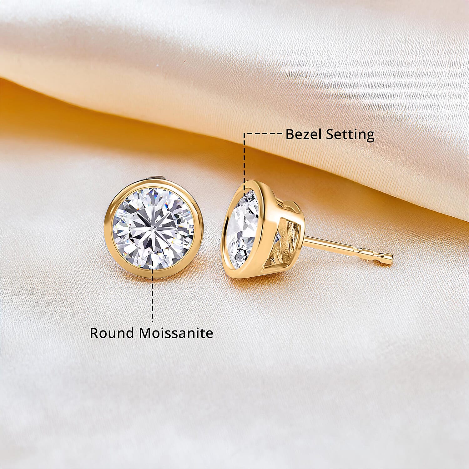 D'Joy Moissanite 1.85 ctw Solitaire Stud Earrings , Moissanite Studs , Vermeil Yellow Gold Over Sterling Silver Earrings, Silver Studs