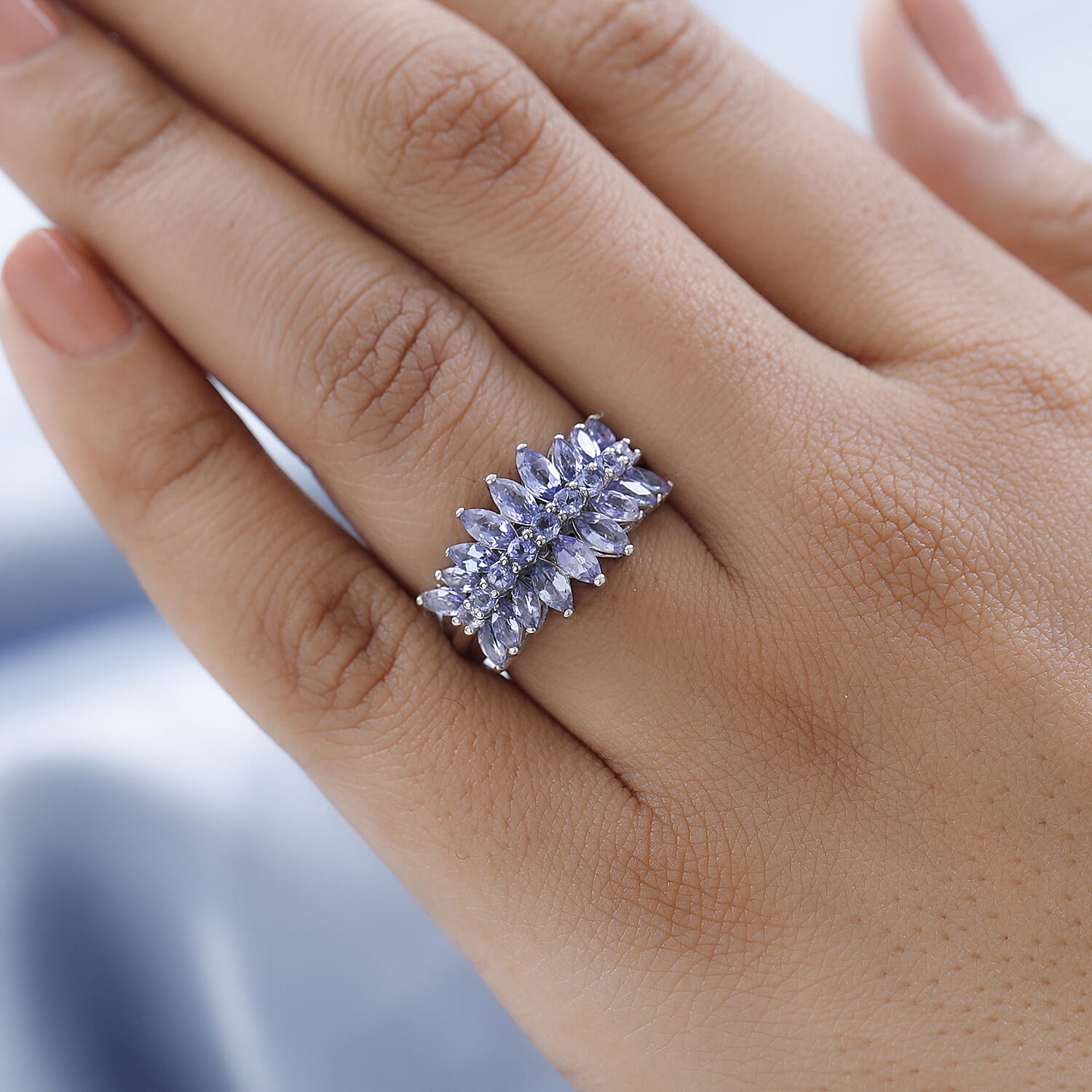 Tanzanite Cluster Ring in Platinum Over Sterling Silver (Size 10.0) 2.40 ctw