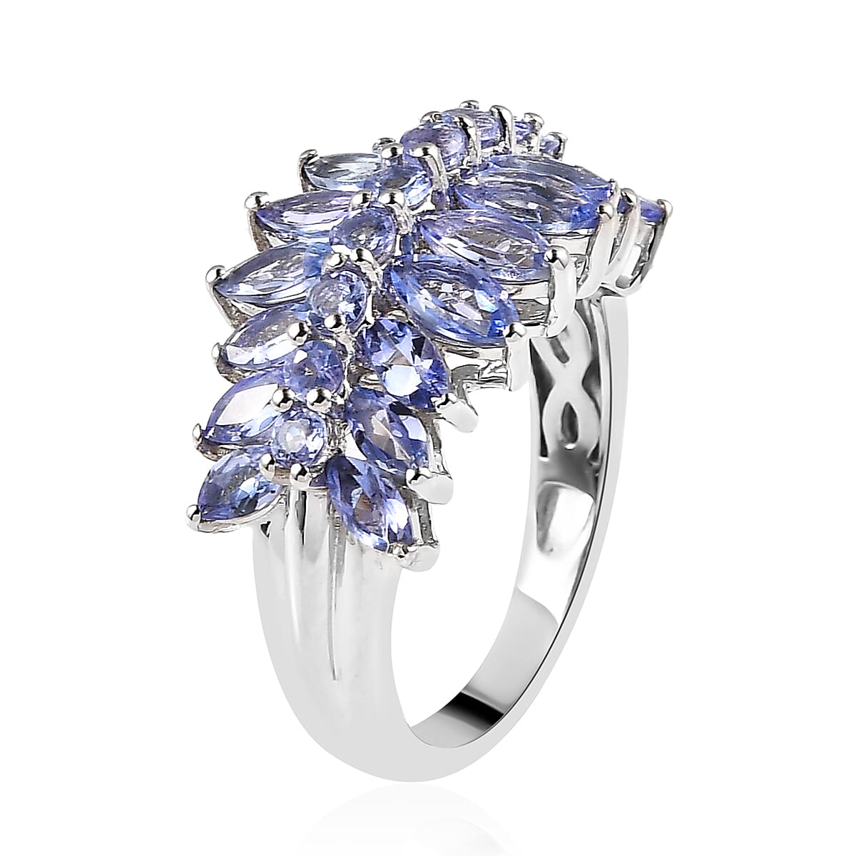 Tanzanite Cluster Ring in Platinum Over Sterling Silver (Size 10.0) 2.40 ctw