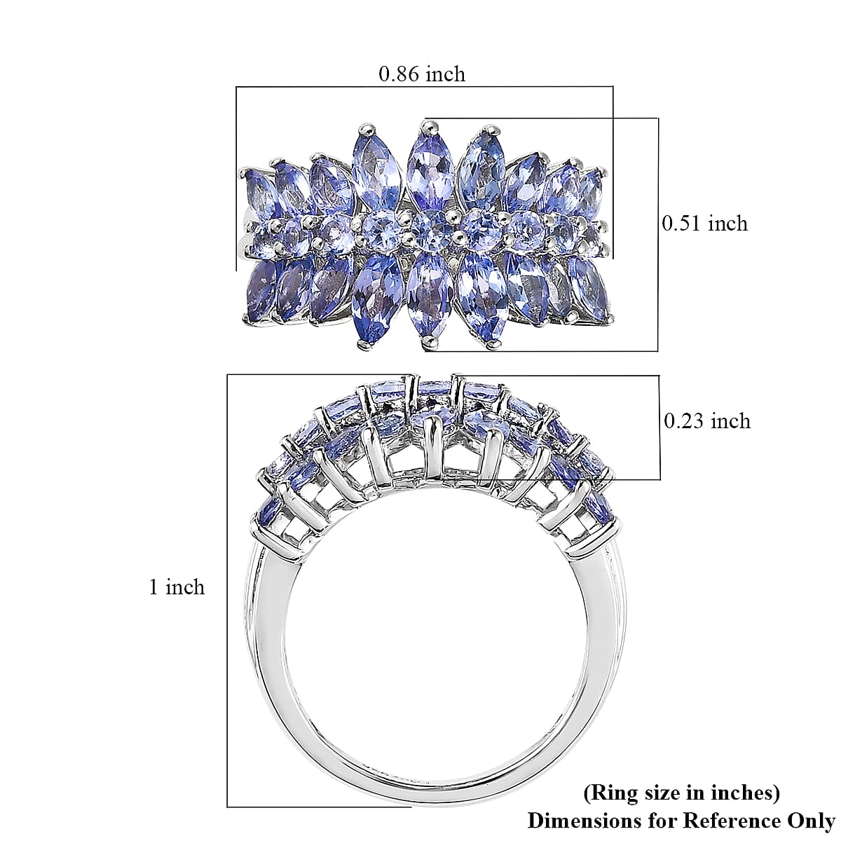 Tanzanite Cluster Ring in Platinum Over Sterling Silver (Size 10.0) 2.40 ctw