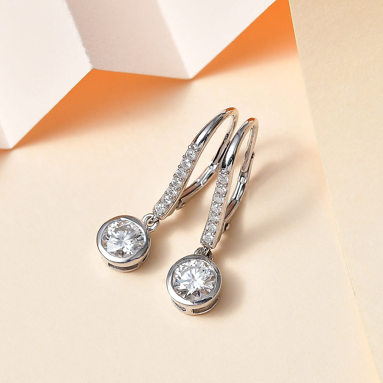 Moissanite Lever Back Earrings in Platinum Over Sterling Silver 1.90 ctw