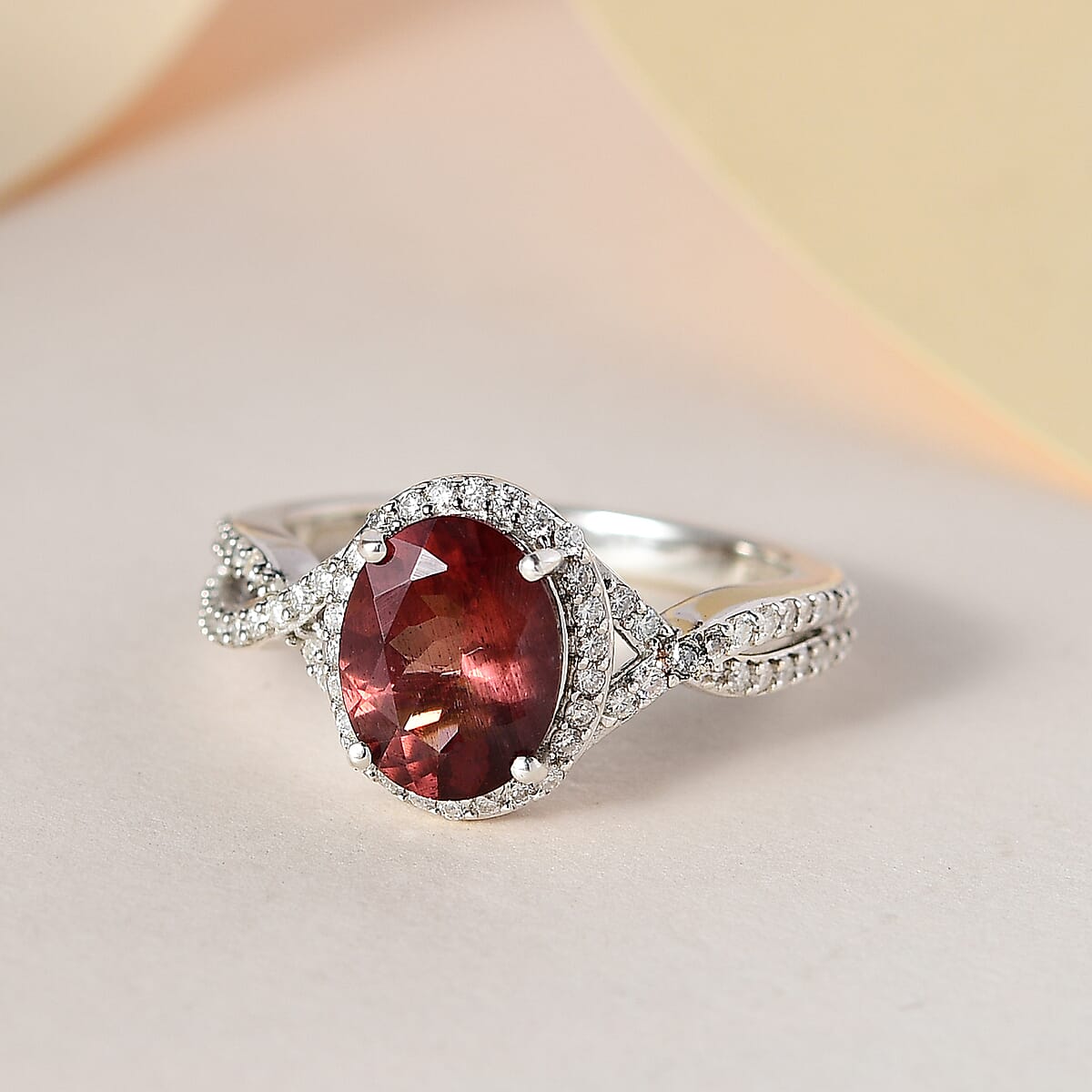 Red Apatite and Moissanite Ring in Platinum Over Sterling Silver 2.40 ctw image number 1