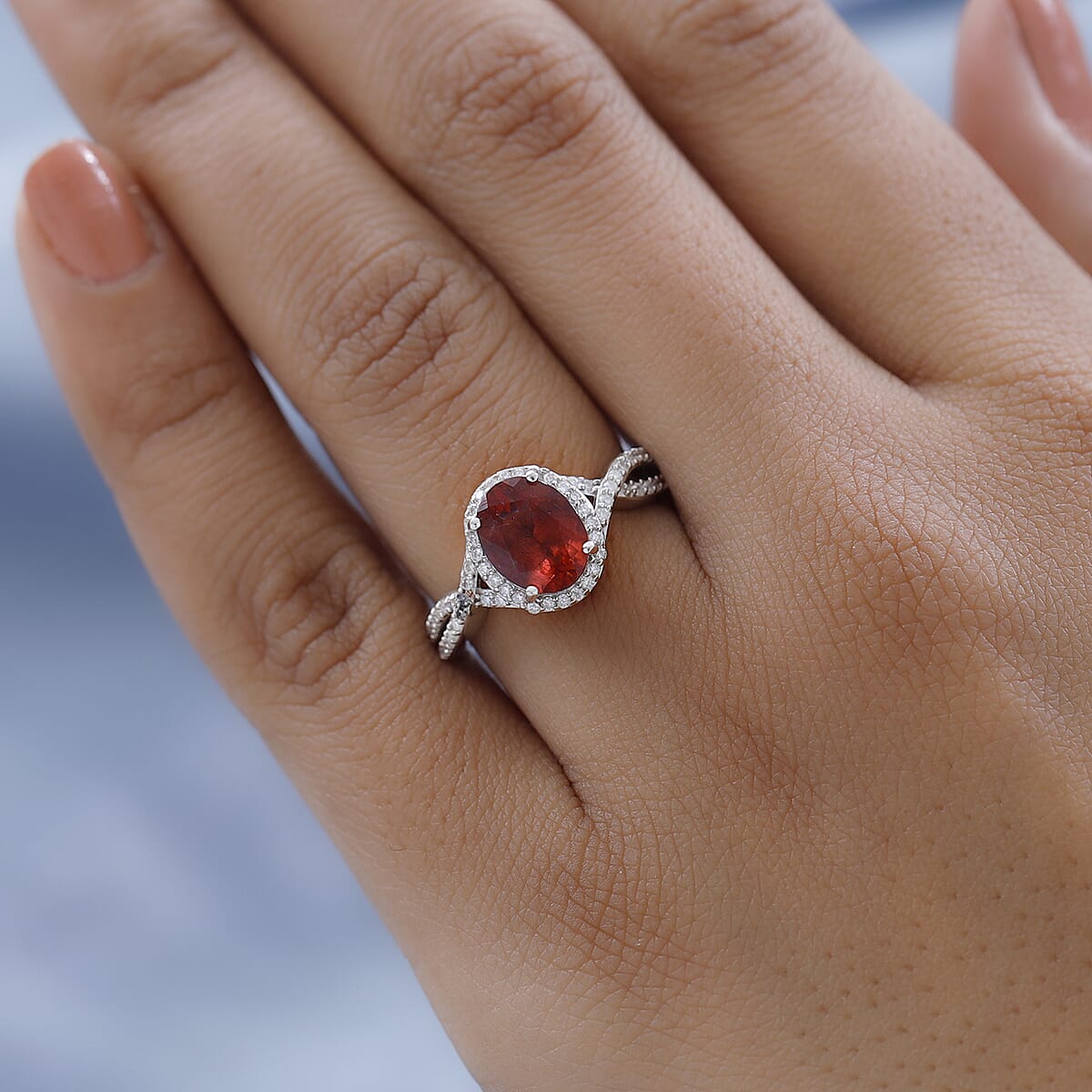 Red Apatite and Moissanite Ring in Platinum Over Sterling Silver 2.40 ctw image number 2