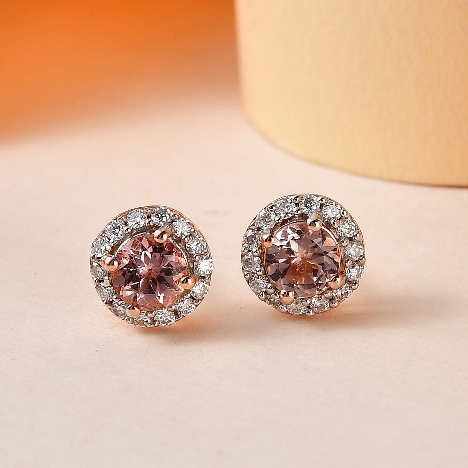Red Rose Apatite and Moissanite Halo Stud Earrings in Vermeil Rose Gold Over Sterling Silver 0.90 ctw