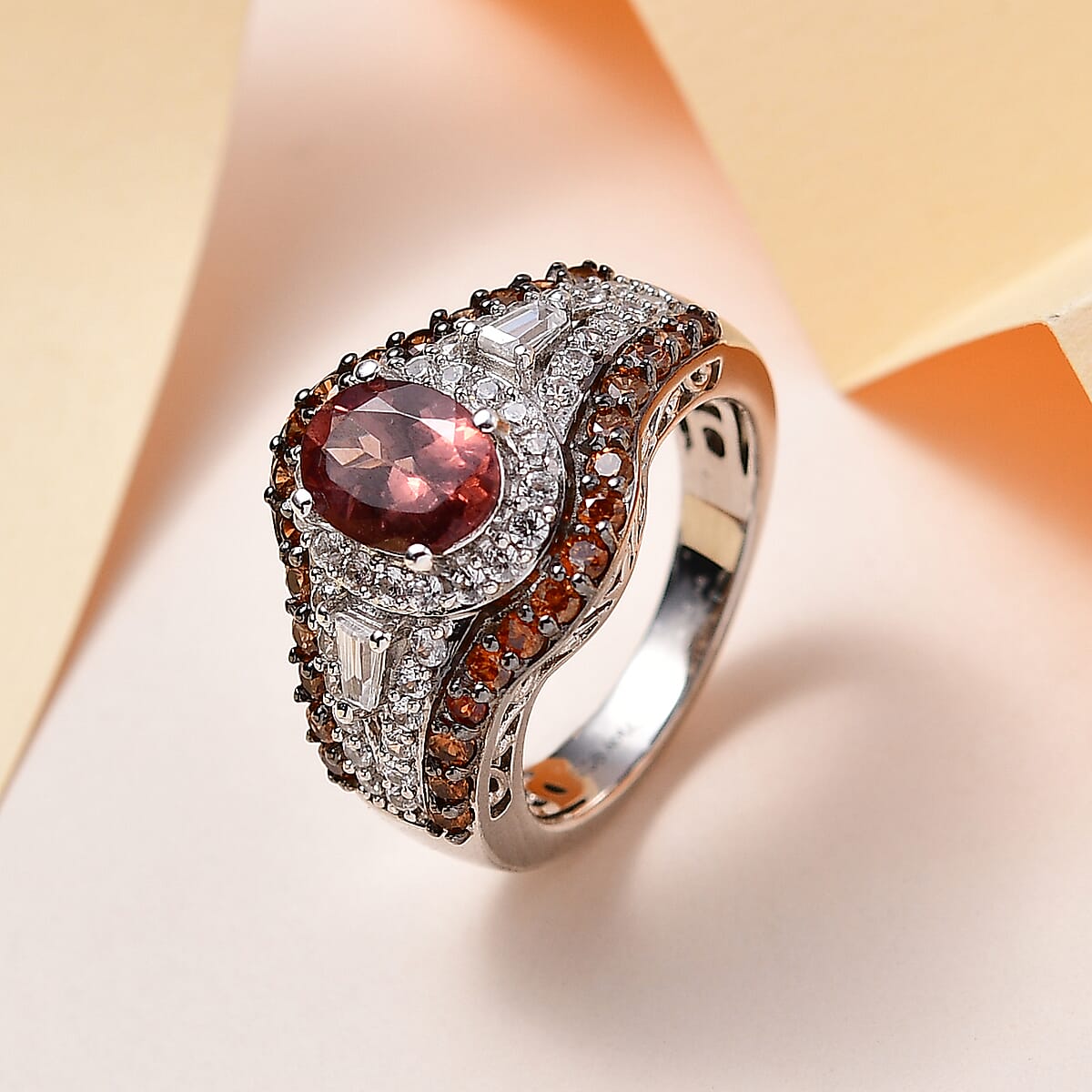 Red Rose Apatite, White and Coffee Zircon Ring in Platinum Over Sterling Silver (Size 10.0) 3.25 ctw image number 1