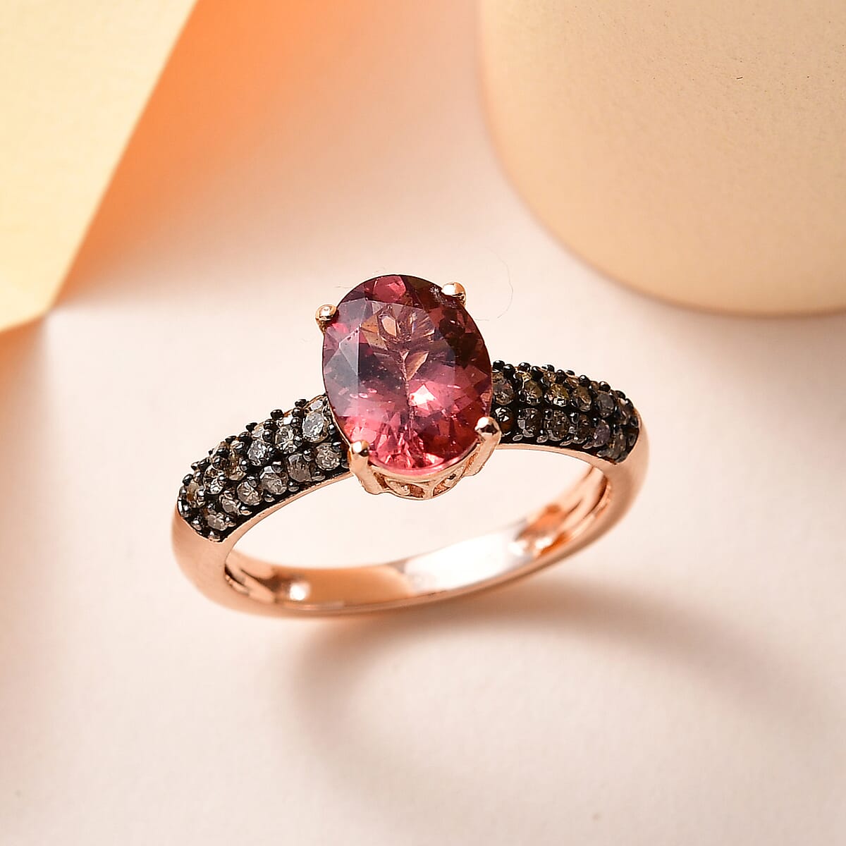 Red Rose Apatite and Natural Champagne Diamond Ring in Vermeil Rose Gold Over Sterling Silver (Size 6.0) 2.15 ctw image number 1