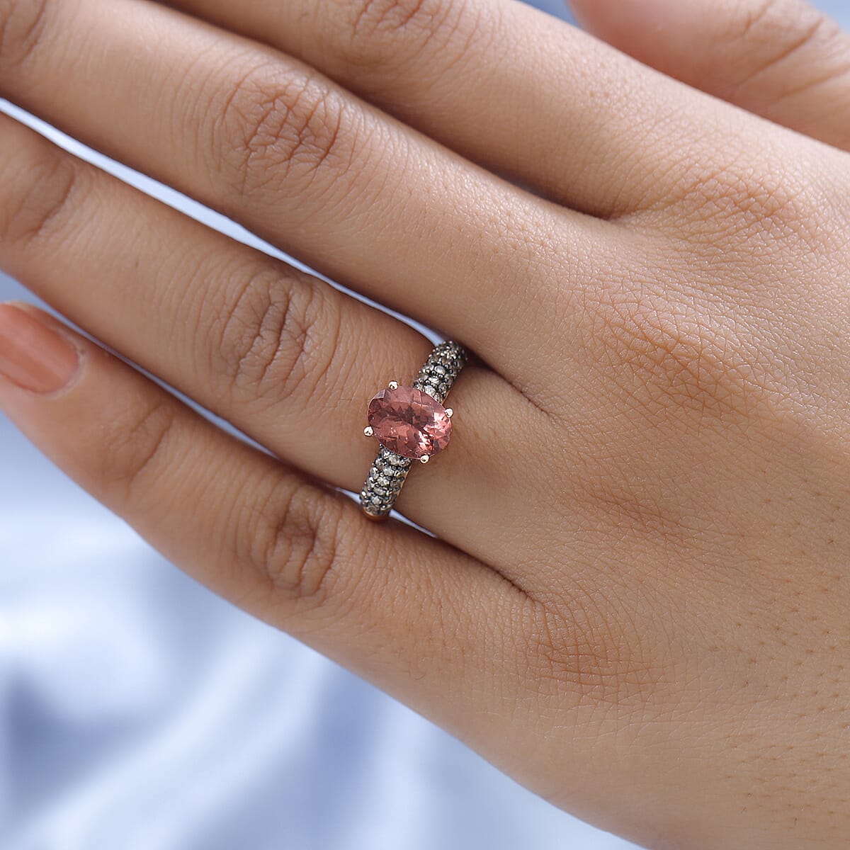 Red Rose Apatite and Natural Champagne Diamond Ring in Vermeil Rose Gold Over Sterling Silver (Size 6.0) 2.15 ctw image number 2