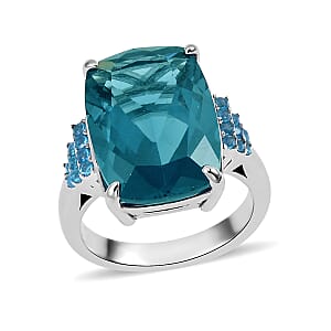 Dean Teal Fluorite (IR) and Malgache Neon Apatite Ring in Rhodium Over Sterling Silver (Size 10.0) 16.50 ctw