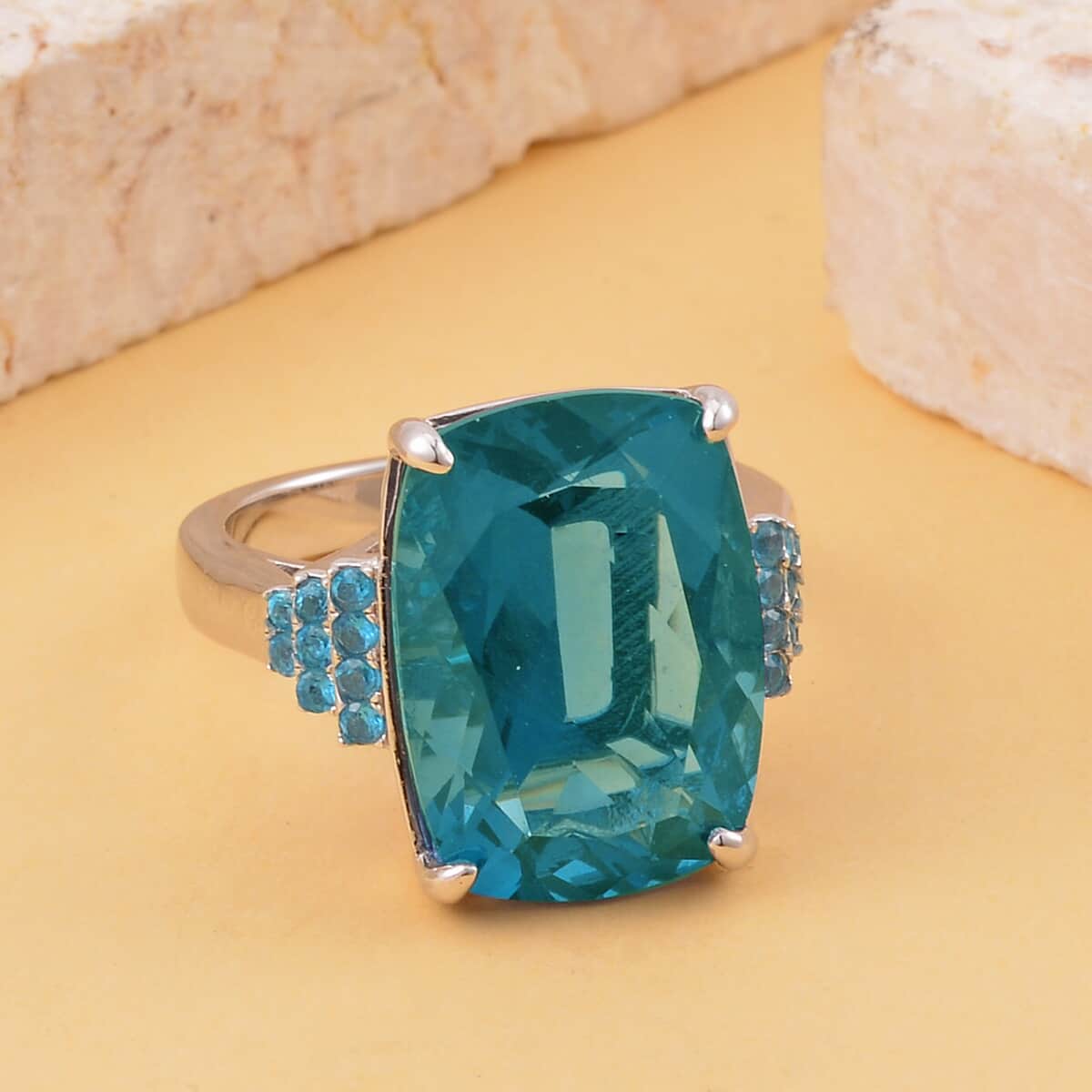 Teal Fluorite and Malgache Neon Apatite Ring in Rhodium Over Sterling Silver (Size 10.0) 16.50 ctw image number 1