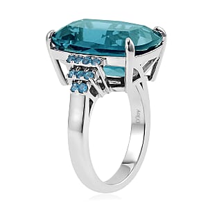 Dean Teal Fluorite (IR) and Malgache Neon Apatite Ring in Rhodium Over Sterling Silver (Size 10.0) 16.50 ctw