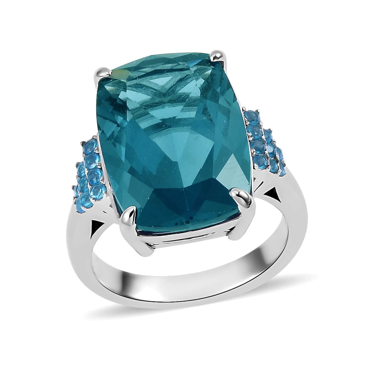 Dean Teal Fluorite (IR) and Malgache Neon Apatite 16.50 ctw Ring in Rhodium Over Sterling Silver (Size 8.0) image number 0