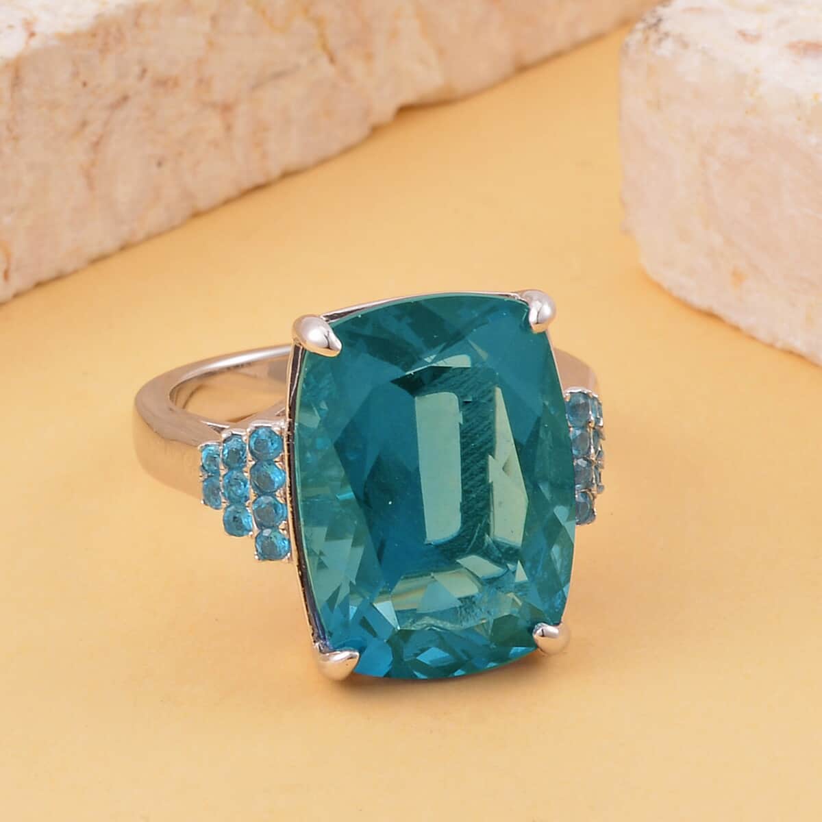 Dean Teal Fluorite (IR) and Malgache Neon Apatite 16.50 ctw Ring in Rhodium Over Sterling Silver (Size 8.0) image number 1