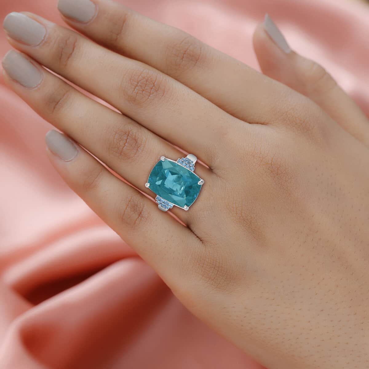 Dean Teal Fluorite (IR) and Malgache Neon Apatite 16.50 ctw Ring in Rhodium Over Sterling Silver (Size 8.0) image number 2