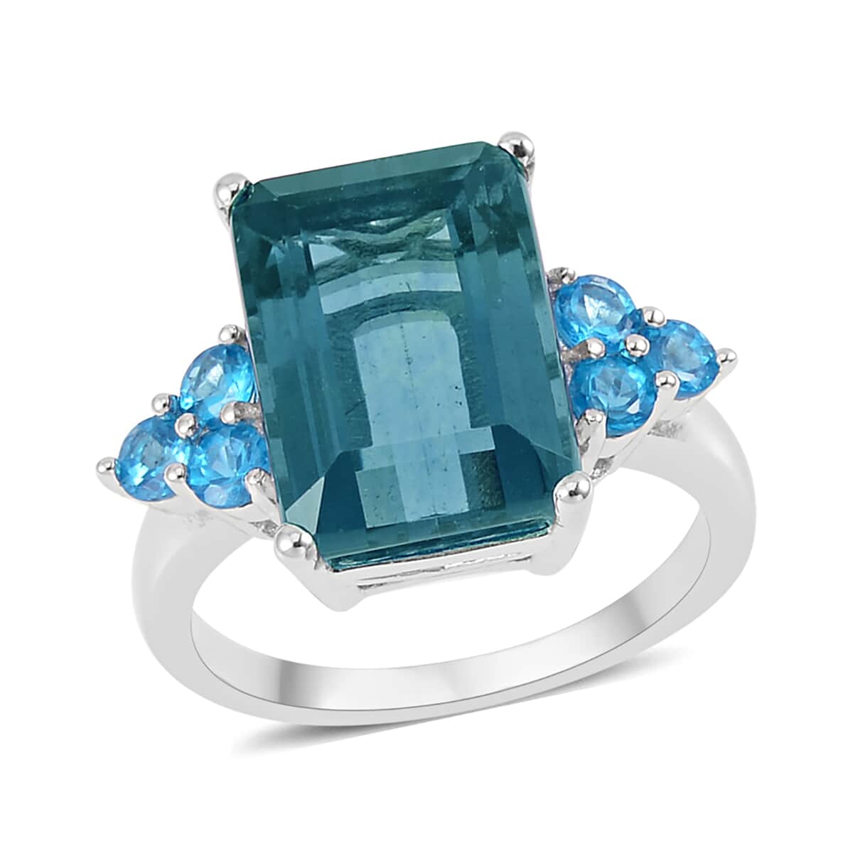 Dean Teal Fluorite (IR) and Malgache Neon Apatite Ring in Rhodium Over Sterling Silver (Size 10.0) 9.90 ctw image number 0
