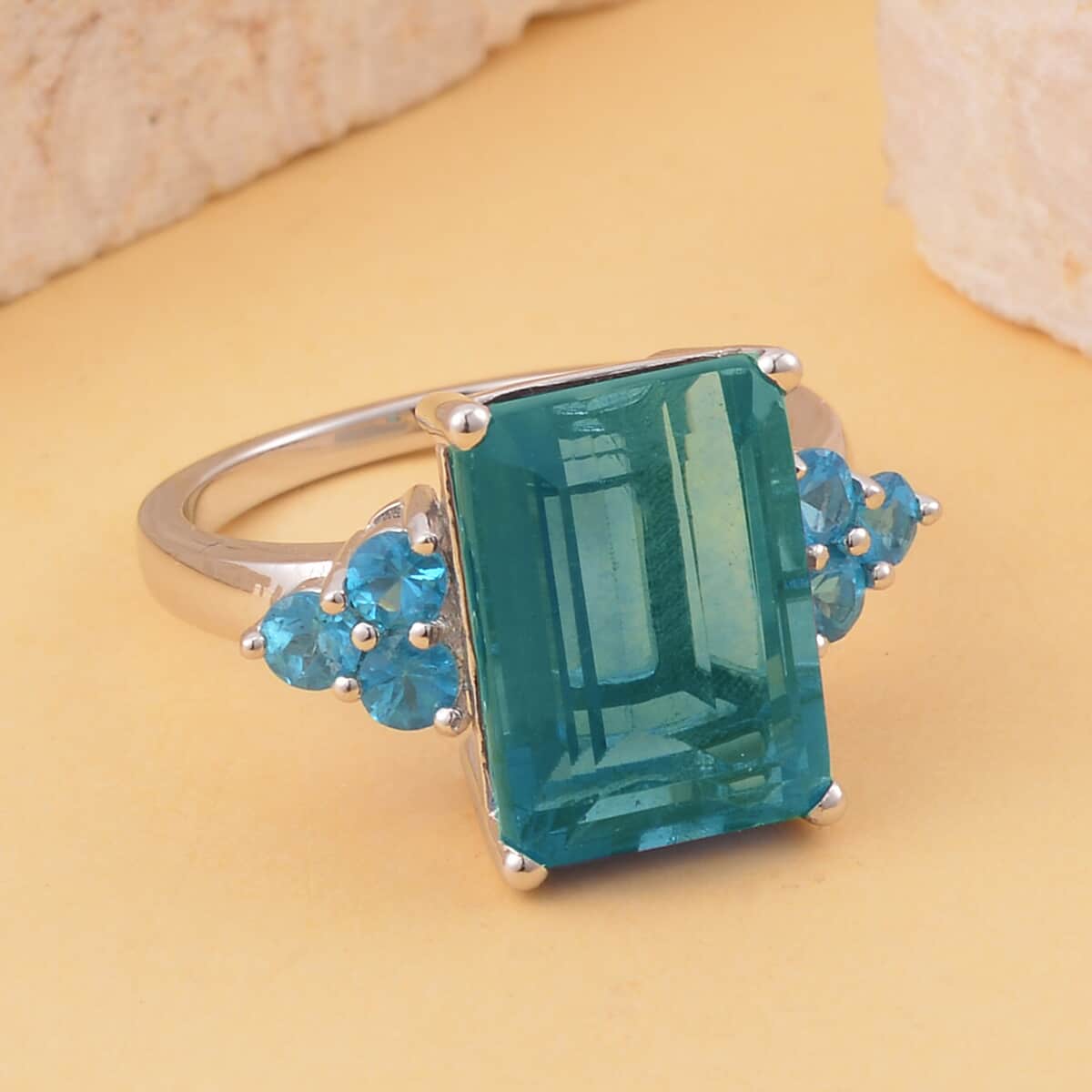 Dean Teal Fluorite (IR) and Malgache Neon Apatite Ring in Rhodium Over Sterling Silver (Size 10.0) 9.90 ctw image number 1