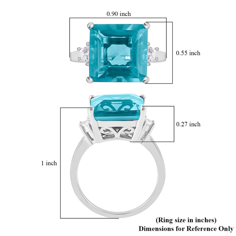 Asscher Cut Dean Teal Fluorite (IR) and White Topaz Ring in Platinum Over Sterling Silver (Size 10.0) 10.20 ctw