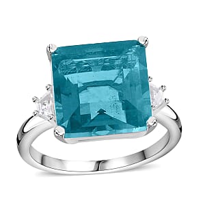 Asscher Cut Dean Teal Fluorite (IR) and White Topaz Ring in Platinum Over Sterling Silver (Size 7.0) 10.20 ctw