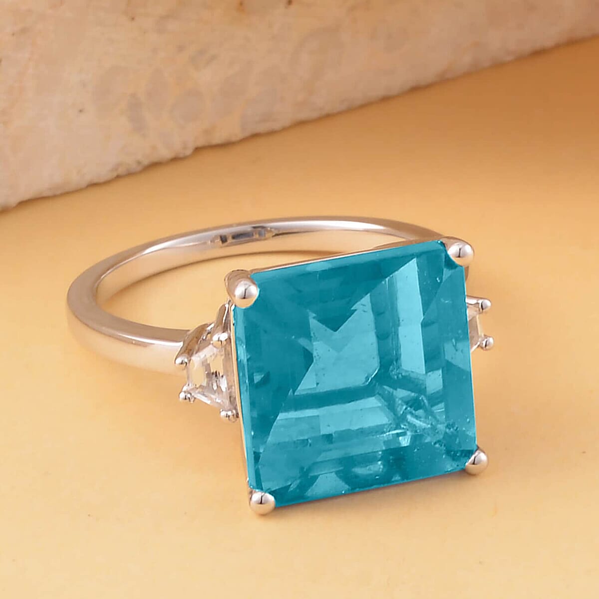 Asscher Cut Dean Teal Fluorite (IR) and White Topaz Ring in Platinum Over Sterling Silver (Size 7.0) 10.20 ctw image number 1