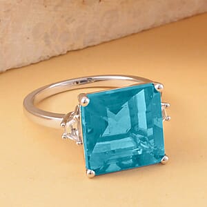 Asscher Cut Dean Teal Fluorite (IR) and White Topaz Ring in Platinum Over Sterling Silver (Size 7.0) 10.20 ctw