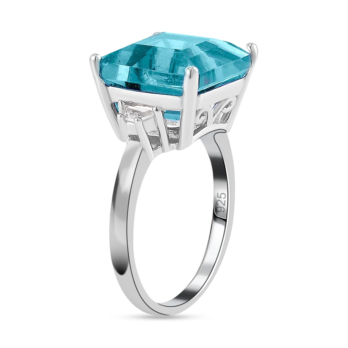 Asscher Cut Dean Teal Fluorite (IR) and White Topaz Ring in Platinum Over Sterling Silver (Size 7.0) 10.20 ctw image number 3