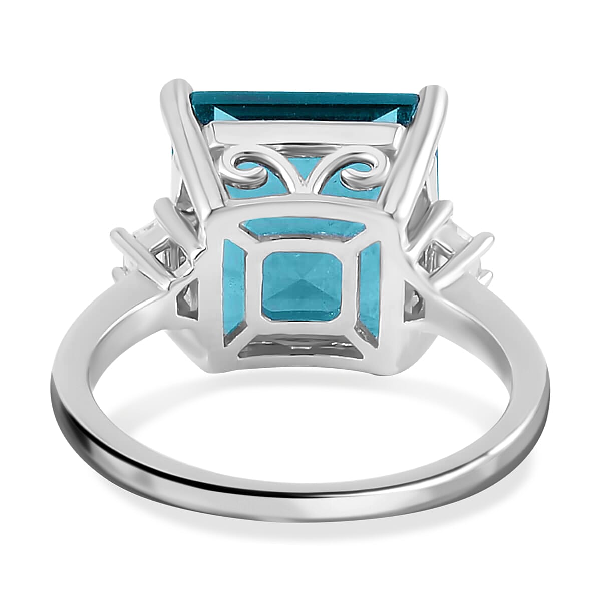 Asscher Cut Dean Teal Fluorite (IR) and White Topaz Ring in Platinum Over Sterling Silver (Size 7.0) 10.20 ctw image number 4