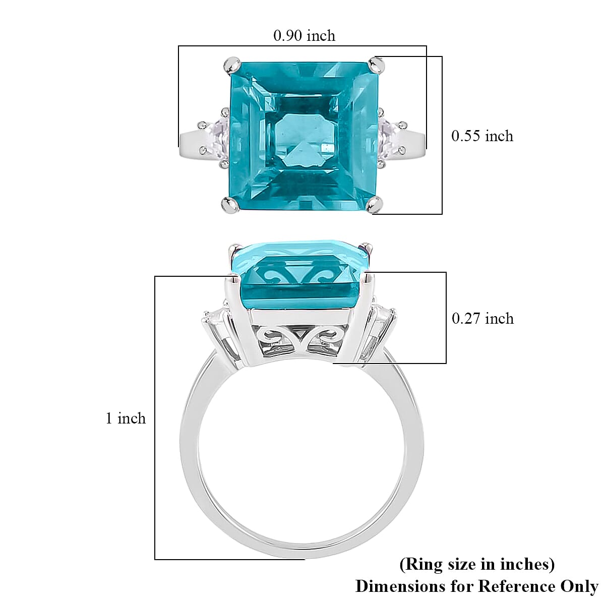 Asscher Cut Dean Teal Fluorite (IR) and White Topaz Ring in Platinum Over Sterling Silver (Size 7.0) 10.20 ctw image number 5