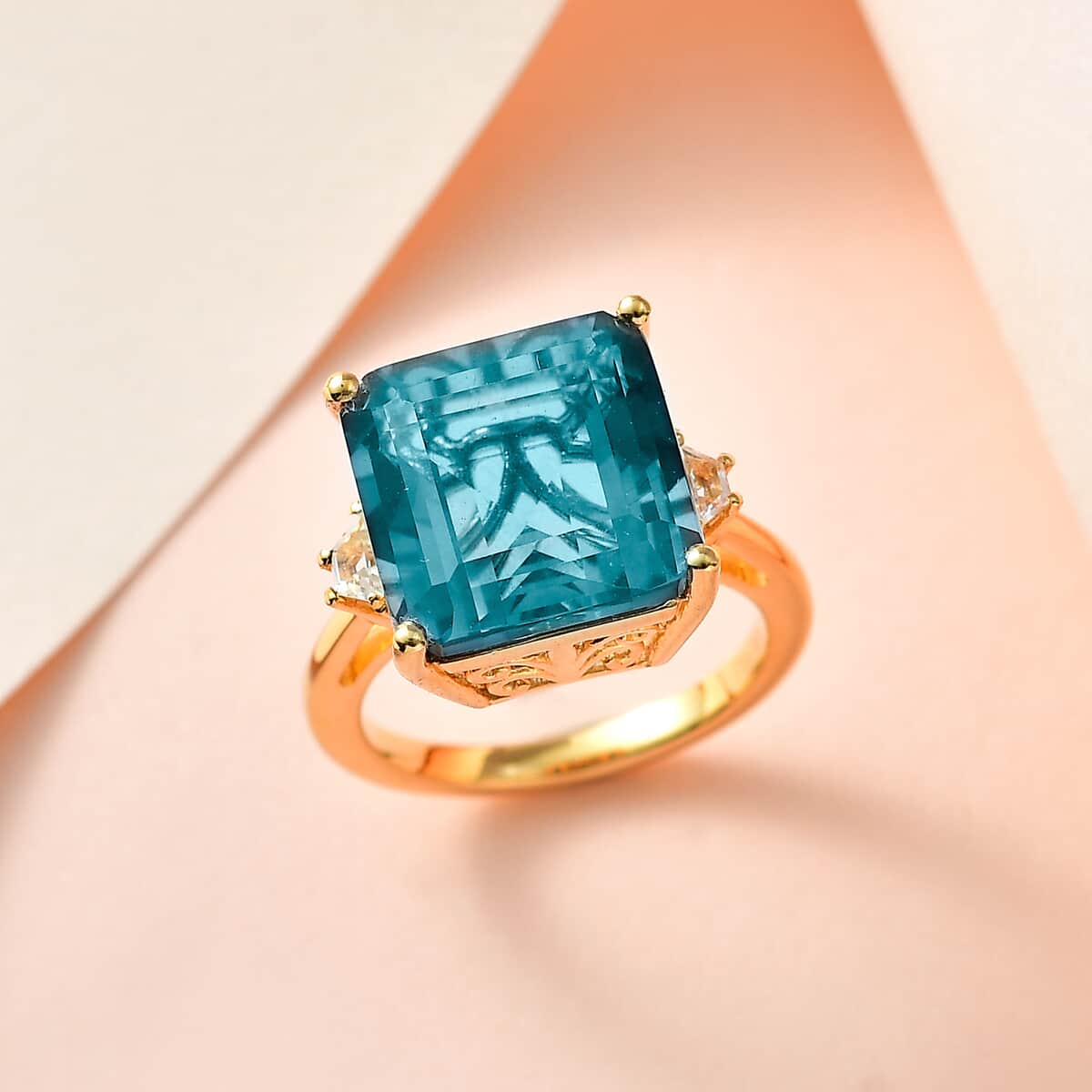 Asscher Teal Fluorite (IR) and White Topaz Ring in Vermeil YG Over Sterling Silver (Size 10.0) 10.00 ctw image number 1