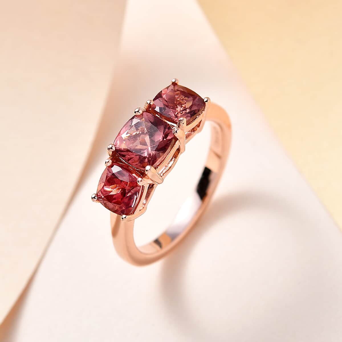 Red Apatite 3 Stone Ring in Vermeil Rose Gold Over Sterling Silver (Size 10.0) 2.40 ctw image number 1