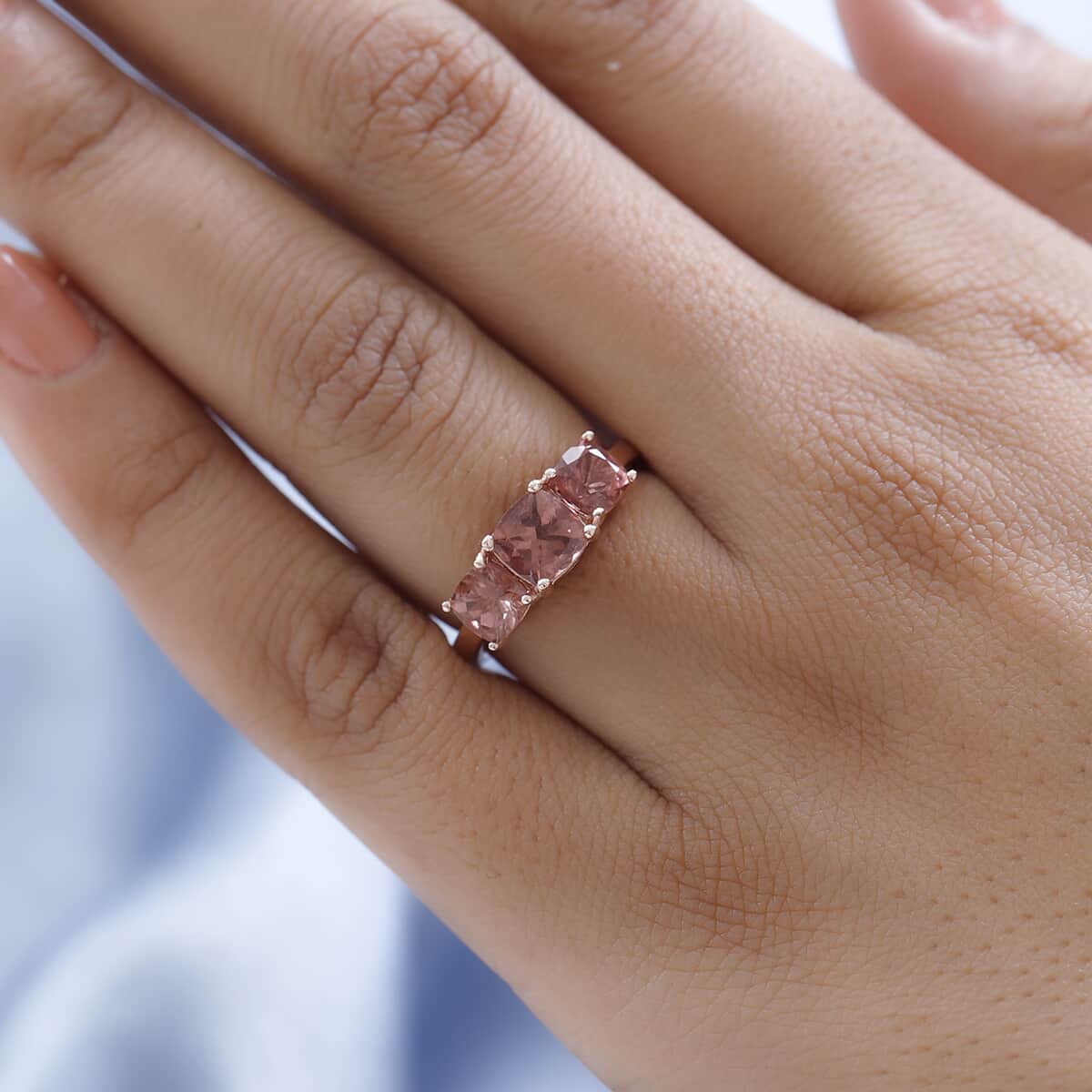 Red Apatite 3 Stone Ring in Vermeil Rose Gold Over Sterling Silver (Size 10.0) 2.40 ctw image number 2