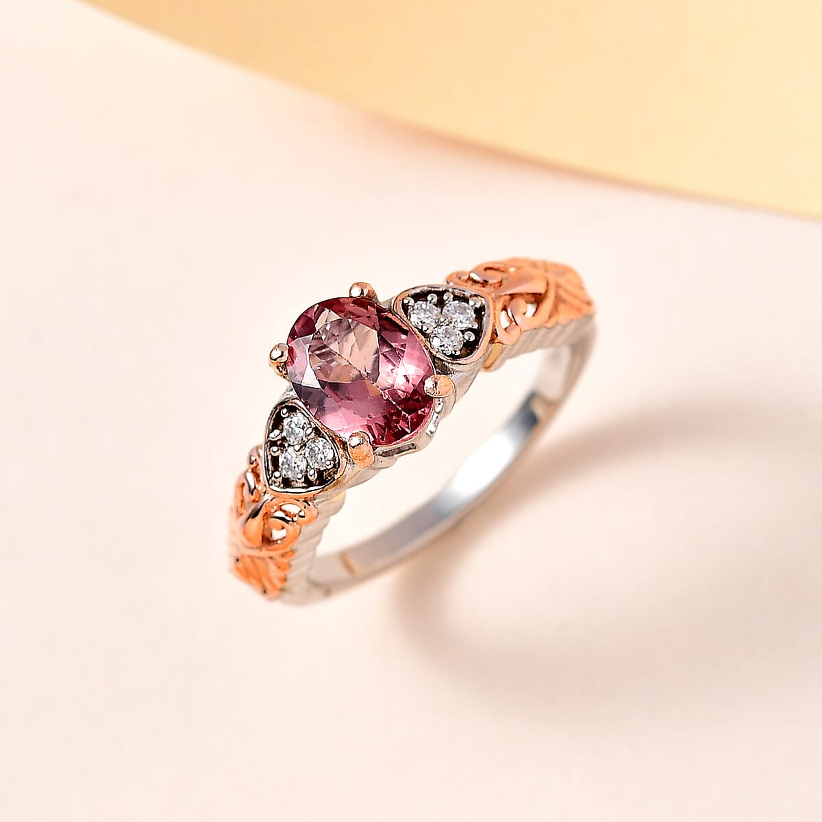 Red Apatite and Moissanite Ring in Vermeil Rose Gold & Platinum Over Sterling Silver (Size 10.0) 1.35 ctw image number 1
