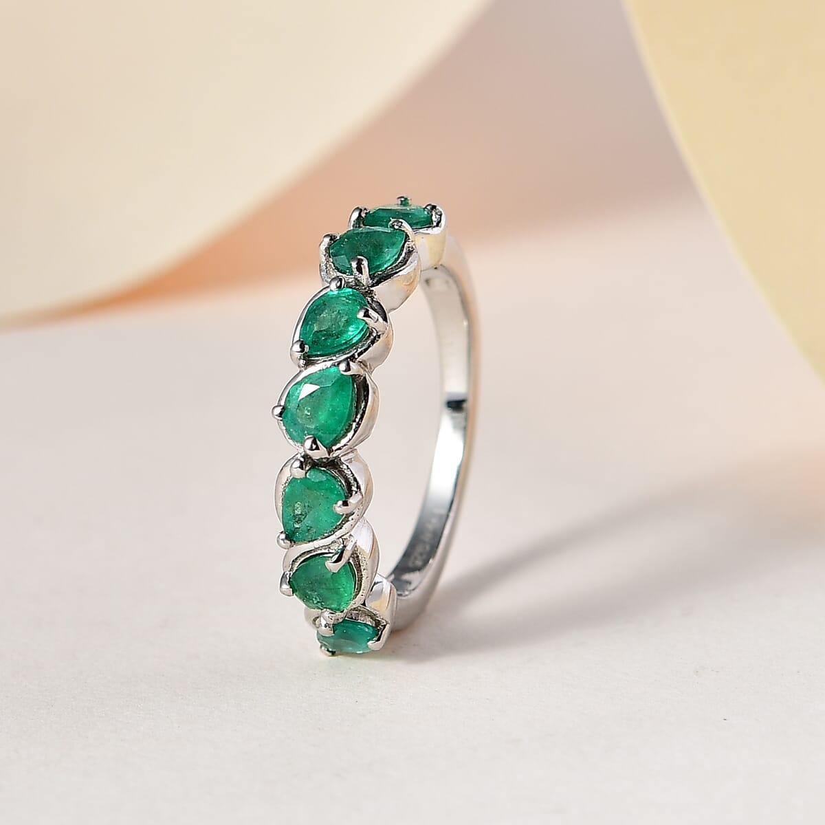 AAA Kagem Zambian Emerald 7 Stone Ring in Platinum Over Sterling Silver 1.00 ctw image number 1